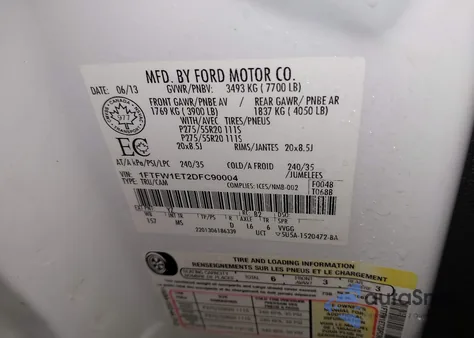 2013 Ford F-150 Xlt из США, поврежденный, VIN 1FTFW1ET2DFC90004